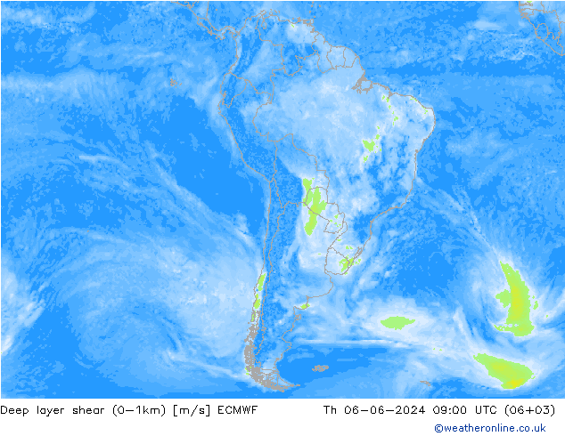 Deep layer shear (0-1km) ECMWF Čt 06.06.2024 09 UTC