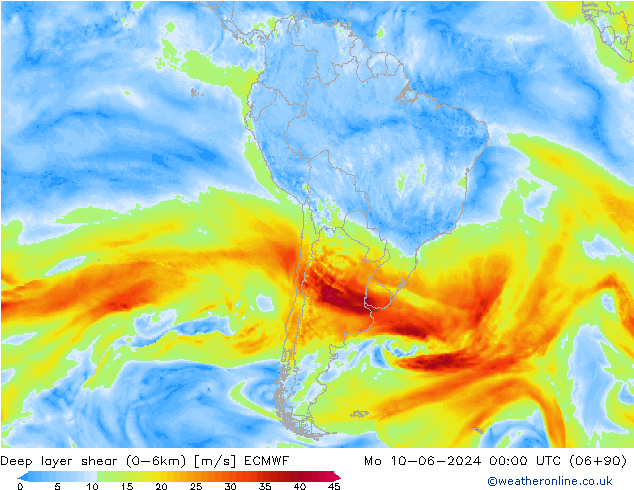 Deep layer shear (0-6km) ECMWF pon. 10.06.2024 00 UTC