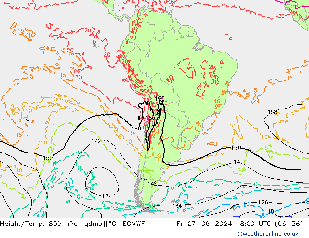 Height/Temp. 850 гПа ECMWF пт 07.06.2024 18 UTC