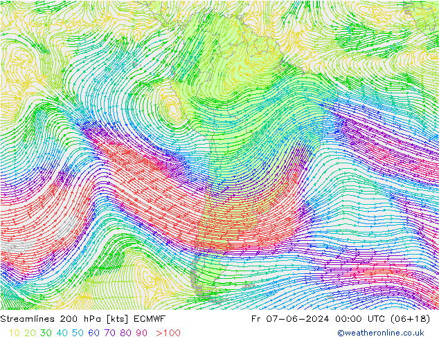 Linha de corrente 200 hPa ECMWF Sex 07.06.2024 00 UTC