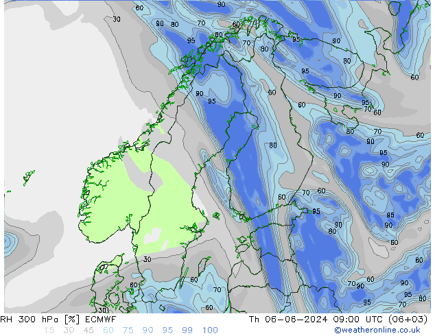 Humidité rel. 300 hPa ECMWF jeu 06.06.2024 09 UTC