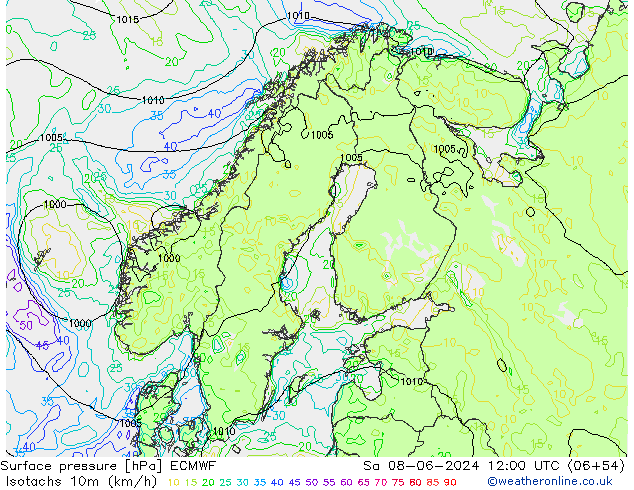 Isotachs (kph) ECMWF So 08.06.2024 12 UTC