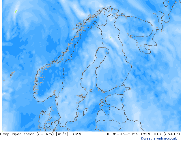 Deep layer shear (0-1km) ECMWF Čt 06.06.2024 18 UTC