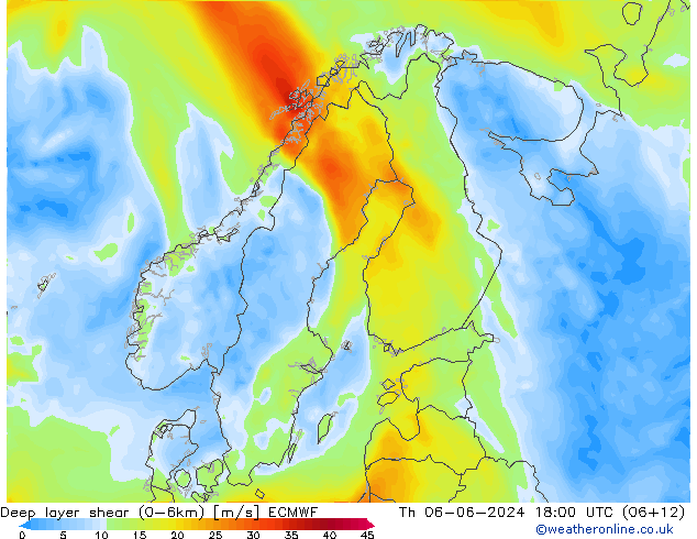 Deep layer shear (0-6km) ECMWF Čt 06.06.2024 18 UTC