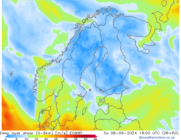 Deep layer shear (0-6km) ECMWF Sa 08.06.2024 18 UTC