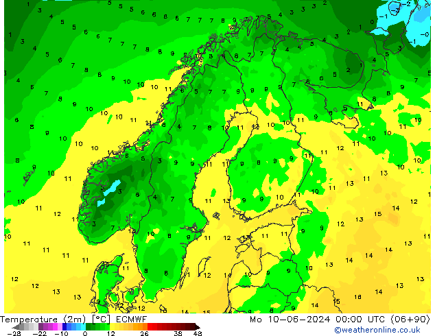 Temperature (2m) ECMWF Mo 10.06.2024 00 UTC