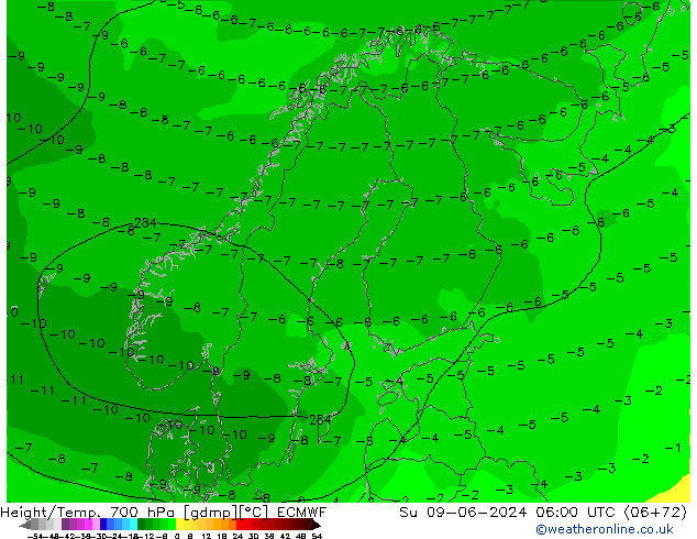 Height/Temp. 700 hPa ECMWF Su 09.06.2024 06 UTC