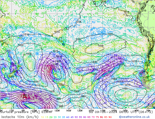 Isotachs (kph) ECMWF Dom 09.06.2024 06 UTC