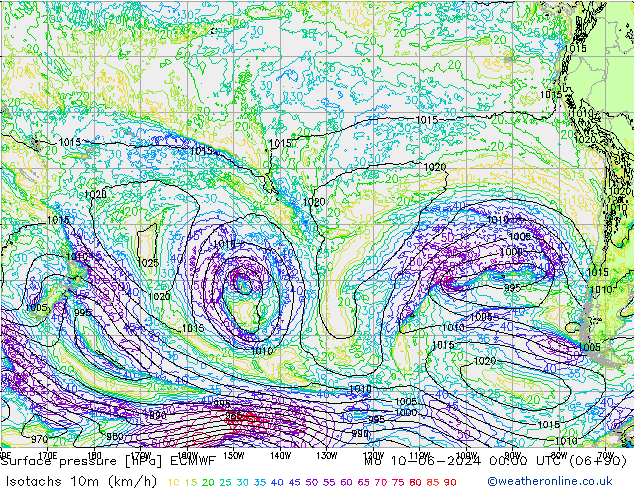 Isotachs (kph) ECMWF Mo 10.06.2024 00 UTC