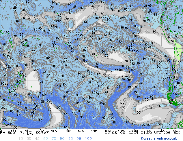 RH 850 hPa ECMWF Sa 08.06.2024 21 UTC