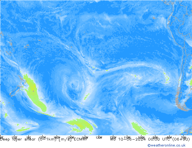 Deep layer shear (0-1km) ECMWF Po 10.06.2024 00 UTC