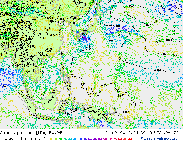 Isotachen (km/h) ECMWF zo 09.06.2024 06 UTC