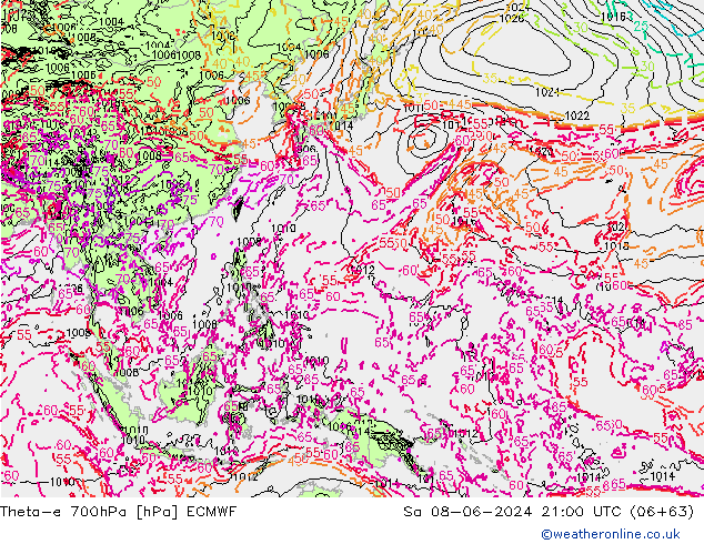 Theta-e 700hPa ECMWF Sáb 08.06.2024 21 UTC