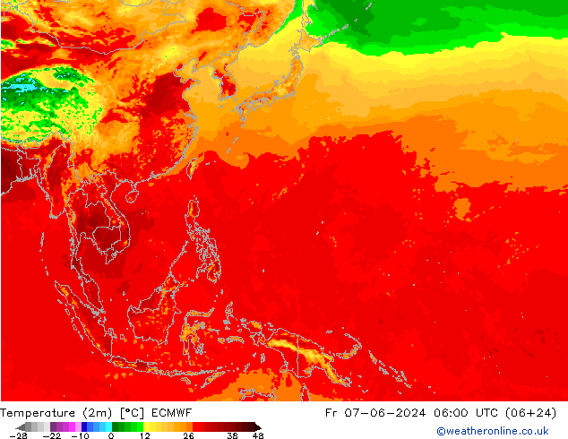 mapa temperatury (2m) ECMWF pt. 07.06.2024 06 UTC