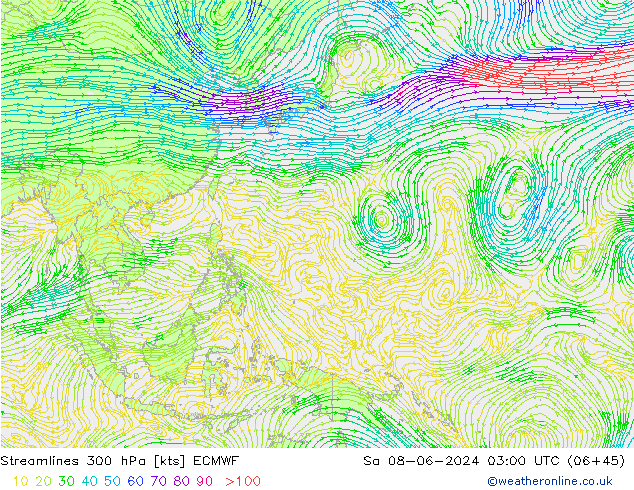 Stroomlijn 300 hPa ECMWF za 08.06.2024 03 UTC