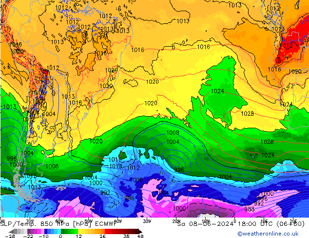 SLP/Temp. 850 гПа ECMWF сб 08.06.2024 18 UTC