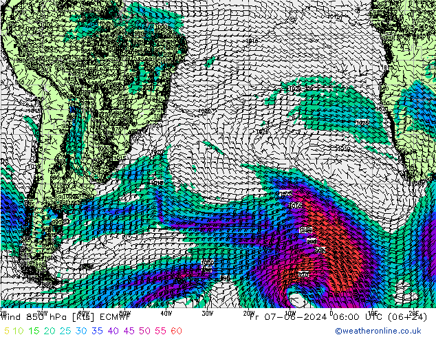 Wind 850 hPa ECMWF Fr 07.06.2024 06 UTC