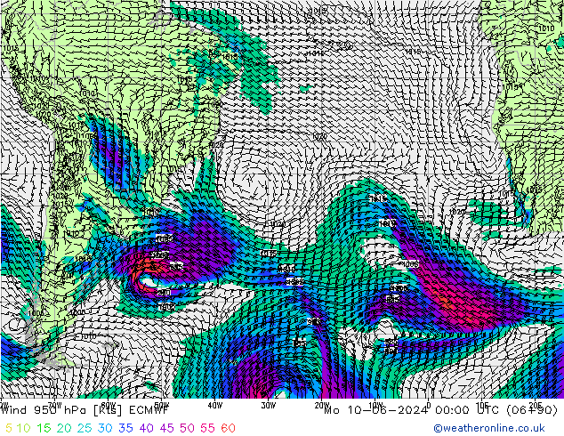 Wind 950 hPa ECMWF Mo 10.06.2024 00 UTC