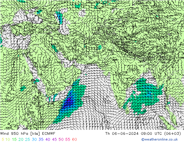 wiatr 950 hPa ECMWF czw. 06.06.2024 09 UTC