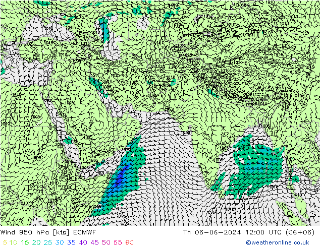 Prec 6h/Wind 10m/950 ECMWF czw. 06.06.2024 12 UTC