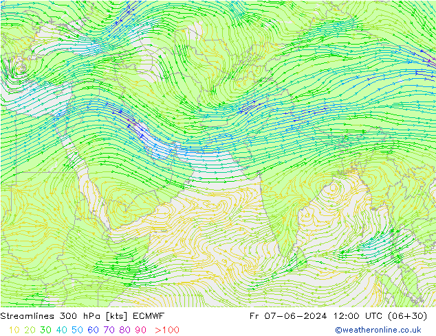 Linea di flusso 300 hPa ECMWF ven 07.06.2024 12 UTC