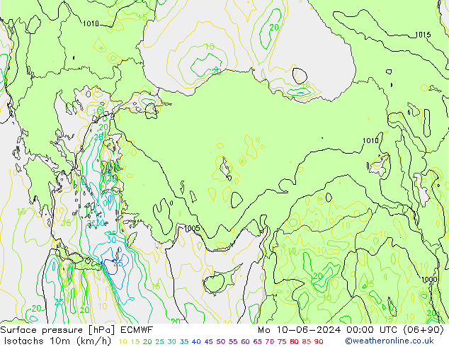 Isotachs (kph) ECMWF  10.06.2024 00 UTC