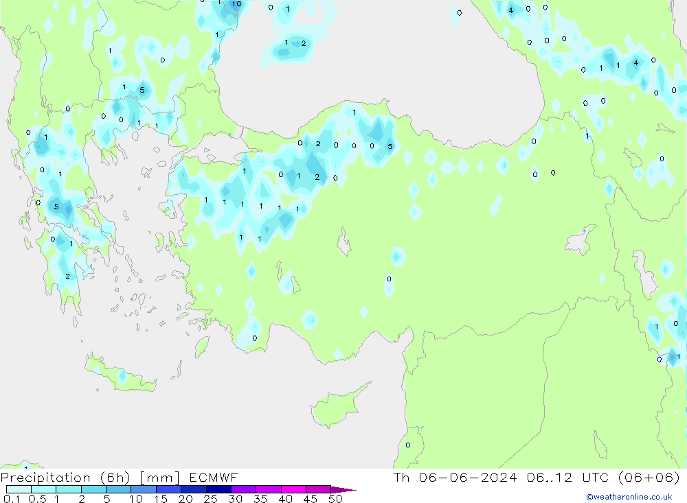 Prec 6h/Wind 10m/950 ECMWF чт 06.06.2024 12 UTC