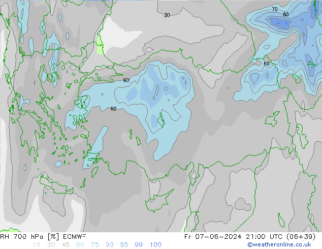 RH 700 гПа ECMWF пт 07.06.2024 21 UTC