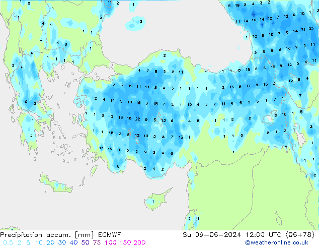 Precipitation accum. ECMWF Dom 09.06.2024 12 UTC