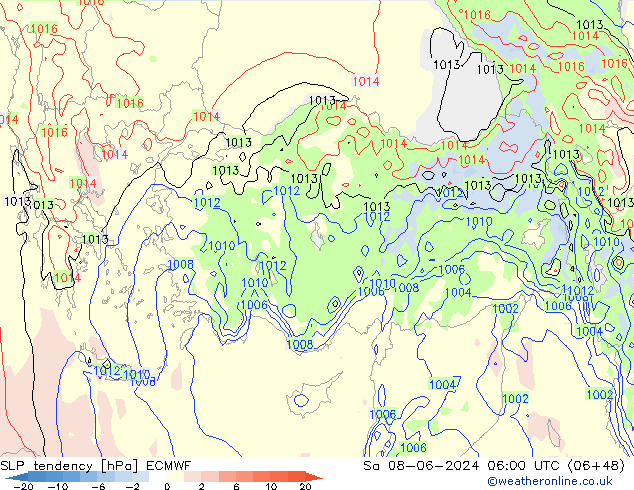 Druktendens (+/-) ECMWF za 08.06.2024 06 UTC