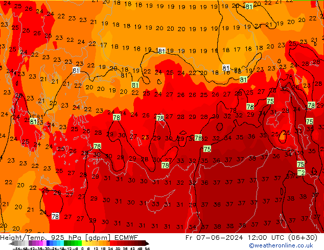 Height/Temp. 925 гПа ECMWF пт 07.06.2024 12 UTC