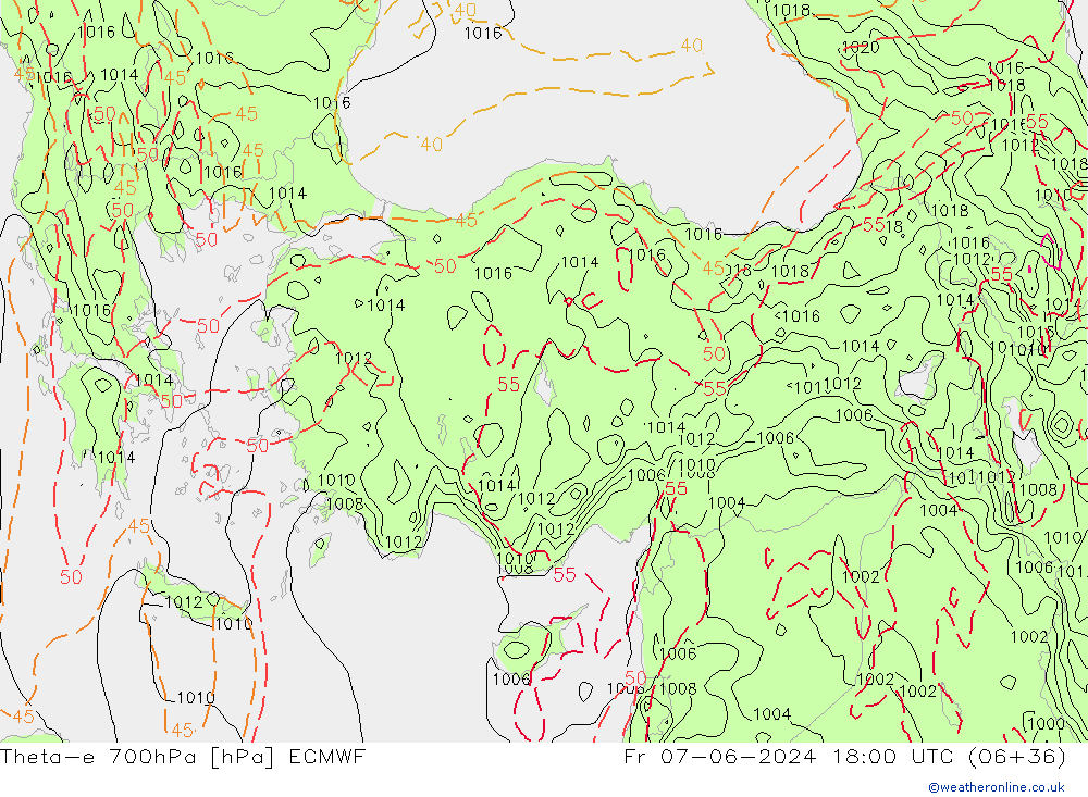 Theta-e 700гПа ECMWF пт 07.06.2024 18 UTC