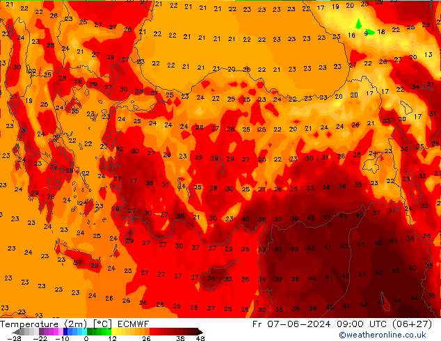 Temperature (2m) ECMWF Fr 07.06.2024 09 UTC