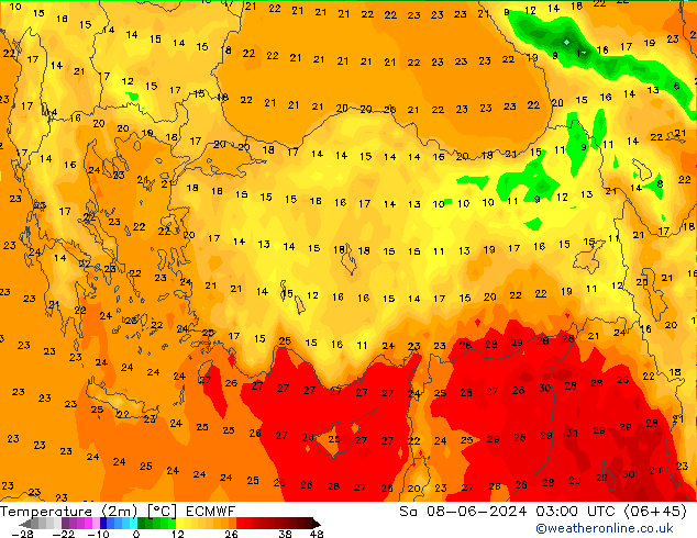 Temperatura (2m) ECMWF sab 08.06.2024 03 UTC