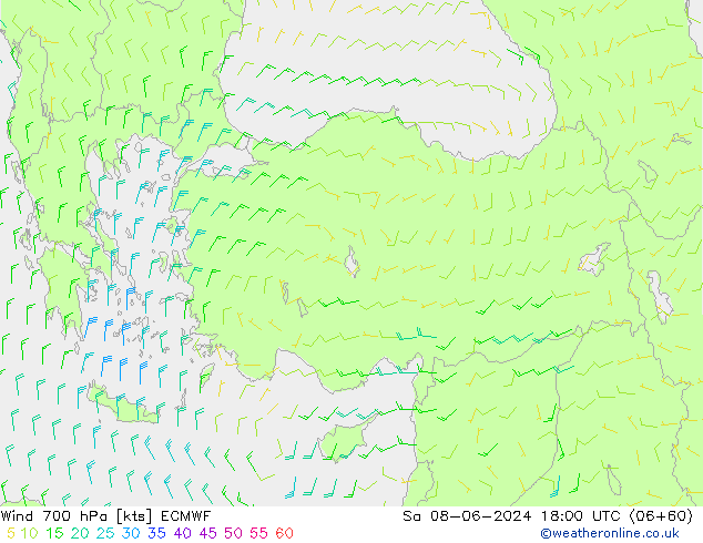 Viento 700 hPa ECMWF sáb 08.06.2024 18 UTC