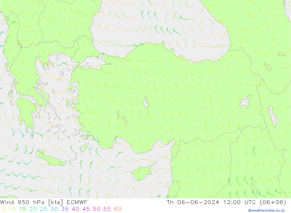 Prec 6h/Wind 10m/950 ECMWF чт 06.06.2024 12 UTC