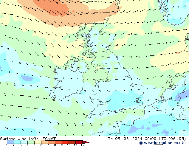 Viento 10 m (bft) ECMWF jue 06.06.2024 09 UTC