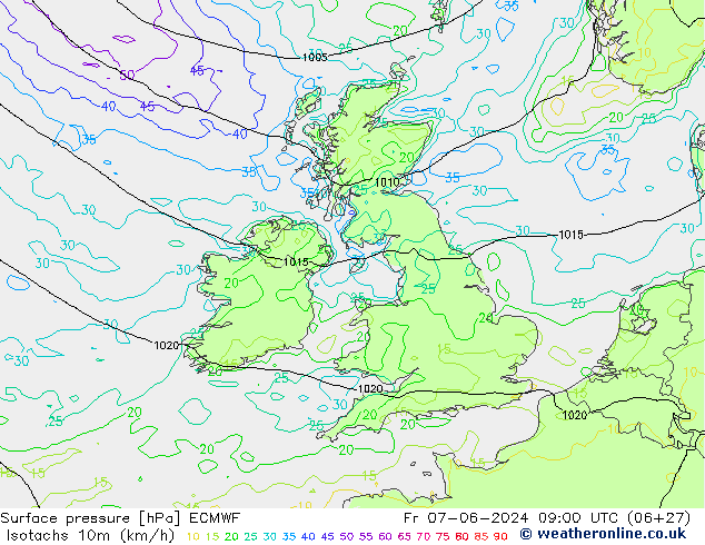 Isotachs (kph) ECMWF Fr 07.06.2024 09 UTC