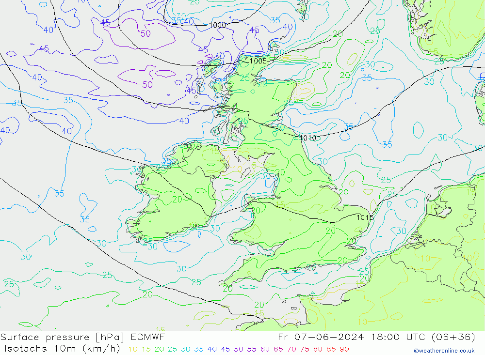 Isotachs (kph) ECMWF пт 07.06.2024 18 UTC