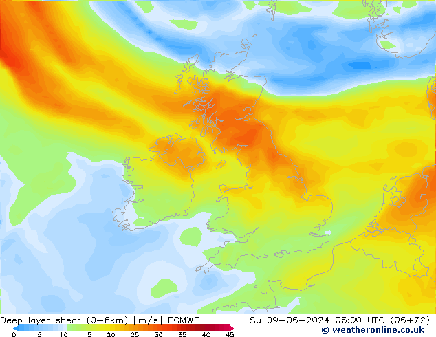 Deep layer shear (0-6km) ECMWF So 09.06.2024 06 UTC