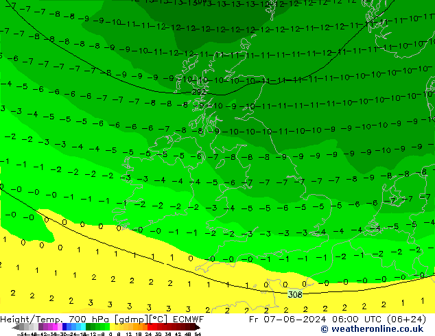 Geop./Temp. 700 hPa ECMWF vie 07.06.2024 06 UTC