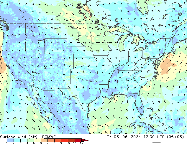 Surface wind (bft) ECMWF Čt 06.06.2024 12 UTC