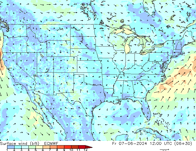 Rüzgar 10 m (bft) ECMWF Cu 07.06.2024 12 UTC