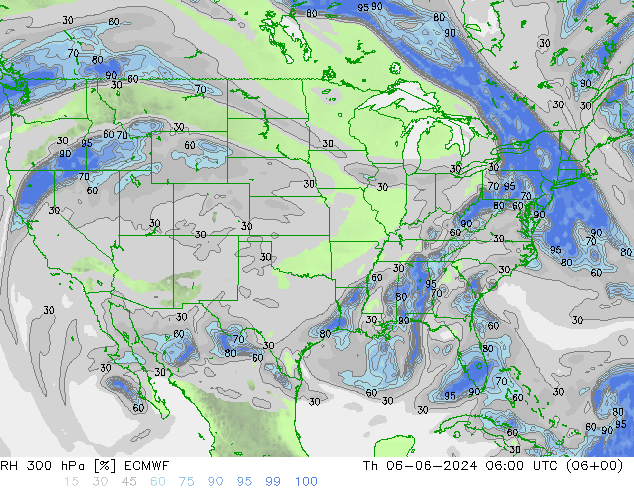 RH 300 hPa ECMWF czw. 06.06.2024 06 UTC