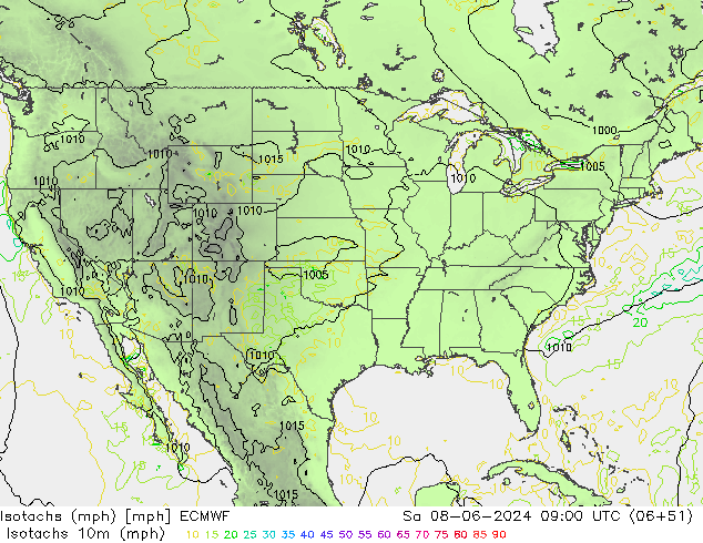 Izotacha (mph) ECMWF so. 08.06.2024 09 UTC