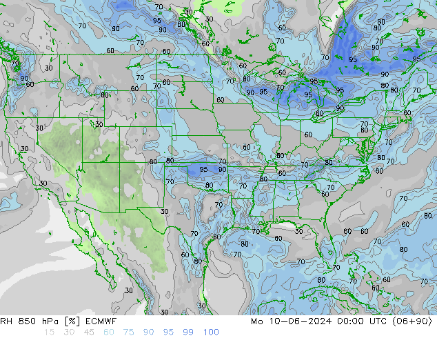 RH 850 гПа ECMWF пн 10.06.2024 00 UTC