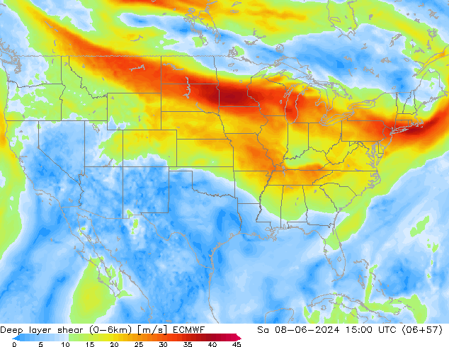 Deep layer shear (0-6km) ECMWF Sa 08.06.2024 15 UTC