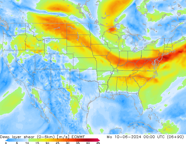 Deep layer shear (0-6km) ECMWF  10.06.2024 00 UTC