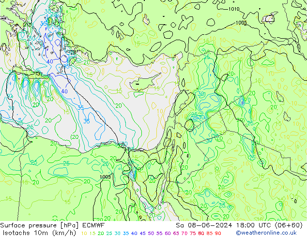 Isotachs (kph) ECMWF Sa 08.06.2024 18 UTC