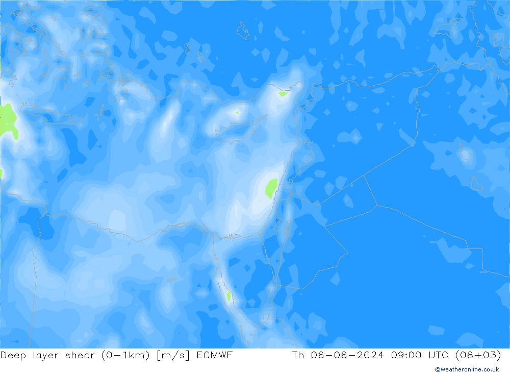 Deep layer shear (0-1km) ECMWF Čt 06.06.2024 09 UTC